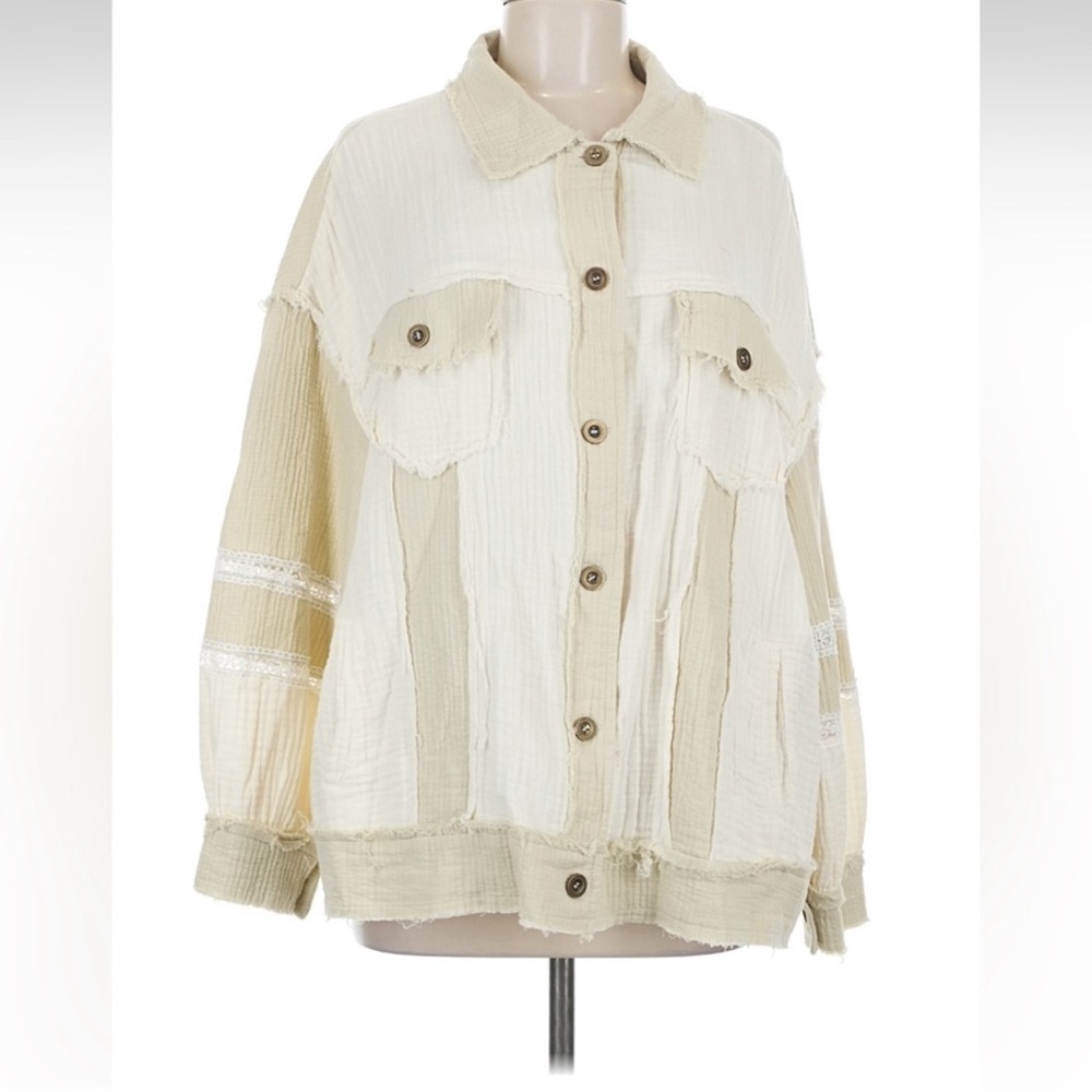 NWOT POL Cream and Tan Shacket Mixed Media Sz M Boho Chic Cowgirl Ranch Style